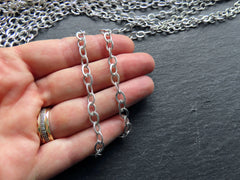 Pressed Oval Ellipse Link Cable Chain 7x5mm, Matte Silver Plated, Tarnish Resistant, 1 Meter = 3.3 Feet