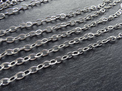 Pressed Oval Ellipse Link Cable Chain 7x5mm, Matte Silver Plated, Tarnish Resistant, 1 Meter = 3.3 Feet