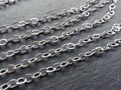 Pressed Oval Ellipse Link Cable Chain 7x5mm, Matte Silver Plated, Tarnish Resistant, 1 Meter = 3.3 Feet