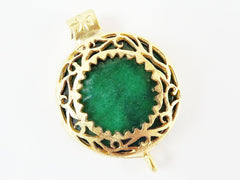 Emerald Green Serrated Border Fretwork Connector - 22k Matte Gold Plated Bezel - 1pc