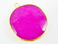 Large 42mm Fuschia Pink Round Faceted Jade Pendant - 22k Matte Gold plated Bezel - 1pc