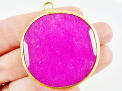 Large 42mm Fuschia Pink Round Faceted Jade Pendant - 22k Matte Gold plated Bezel - 1pc