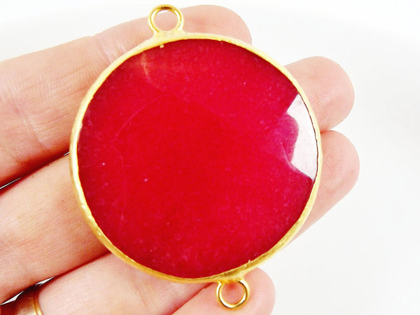 42mm Red Round Faceted Jade Connector - 22k Matte Gold plated Bezel - 1pc