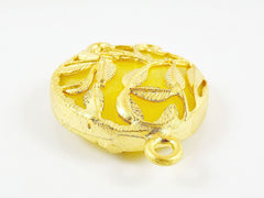 Yellow Rustic Leaves Jade Connector  - Gold plated Bezel - 1pc - GP118