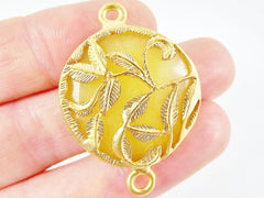 Yellow Rustic Leaves Jade Connector  - Gold plated Bezel - 1pc - GP118