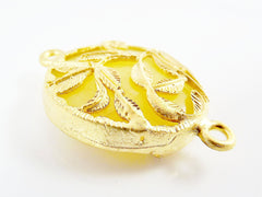 Yellow Rustic Leaves Jade Connector  - Gold plated Bezel - 1pc - GP118