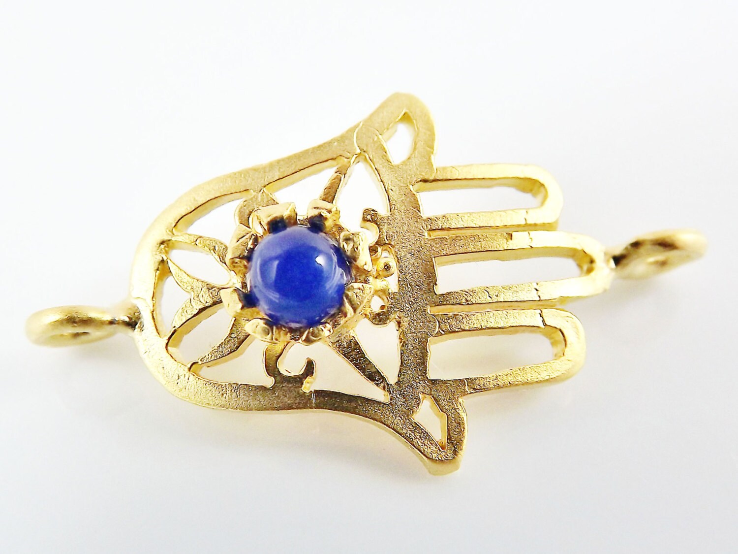 Hamsa Hand of Fatima Connector with Royal Blue Jade Stone - 22K Matte Gold Plated