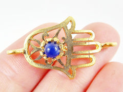 Hamsa Hand of Fatima Connector with Royal Blue Jade Stone - 22K Matte Gold Plated