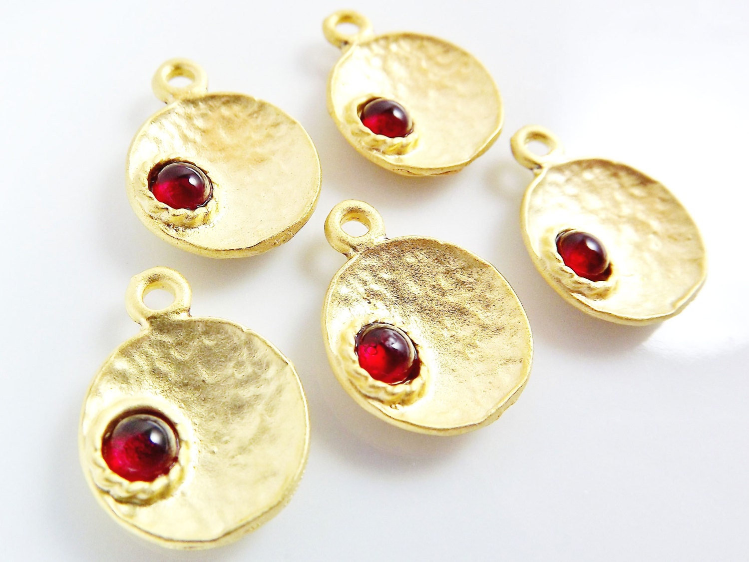 5 Red Bead Matte Gold Plated Inverted Dome Shaped Charms