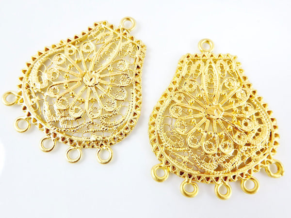 2 Large Exotic Filigree Chandelier Earring Component Pendant - 5 Loops Rings - 22k Matte Gold Plated