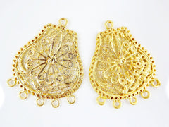 2 Large Exotic Filigree Chandelier Earring Component Pendant - 5 Loops Rings - 22k Matte Gold Plated