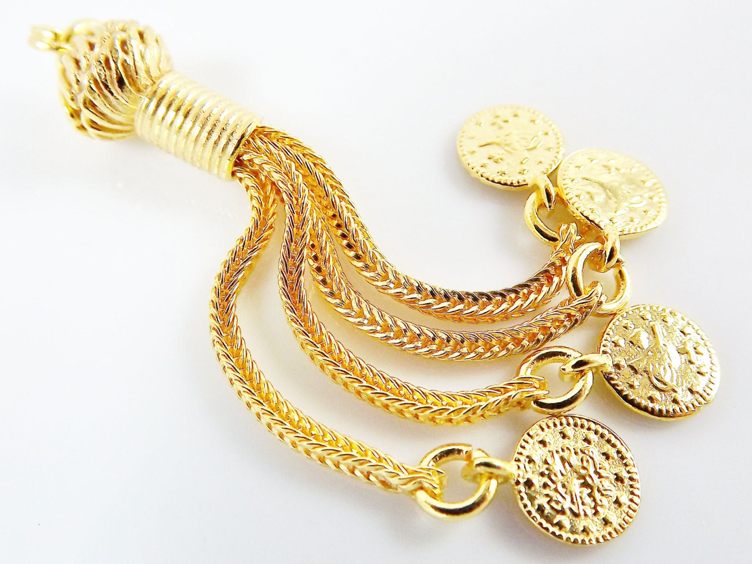 Gold Tassel Pendant, Snake Chain Strands, Coin Charms, Gold Metal Tassel, Gold Plated Tassel, Earring Tassel, Boho, Gold Plated Brass - 1PC