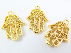 3 Filigree Hand of Fatima Hamsa Pendant Charms - 22k Matte Gold Plated