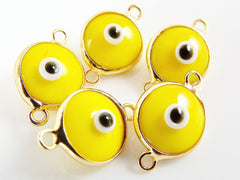 5 Yellow Evil Eye Nazar Artisan Glass Bead Connector - Gold Plated Brass Bezel