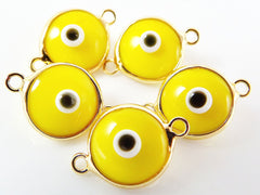 5 Yellow Evil Eye Nazar Artisan Glass Bead Connector - Gold Plated Brass Bezel