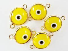 5 Yellow Evil Eye Nazar Artisan Glass Bead Connector - Gold Plated Brass Bezel