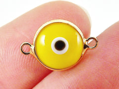 5 Yellow Evil Eye Nazar Artisan Glass Bead Connector - Gold Plated Brass Bezel