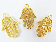 3 Filigree Hand of Fatima Hamsa Pendant Charms - 22k Matte Gold Plated