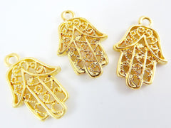 3 Filigree Hand of Fatima Hamsa Pendant Charms - 22k Matte Gold Plated