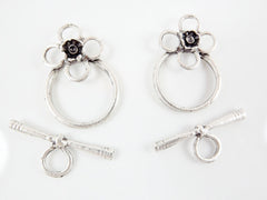 2 Sets of Flower T Bar Toggle Clasps - Matte Silver Plated