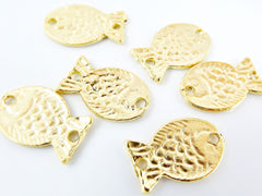 6 Rustic Fun Fish Charm Connectors - 22k Matte Gold Plated