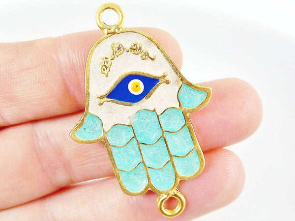 Baby Blue Hamsa Hand of Fatima Enamel Blue Evil Eye Connector - Matte Gold Plated - 1PC
