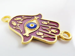 Mauve Hamsa Hand of Fatima Enamel Blue Evil Eye Connector - Floral - 22k Matte Gold Plated - 1PC