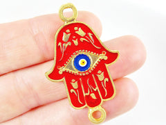 Red Hamsa Hand of Fatima Enamel Blue Evil Eye Connector - Floral - 22k Matte Gold Plated - 1PC