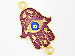 Mauve Hamsa Hand of Fatima Enamel Blue Evil Eye Connector - Floral - 22k Matte Gold Plated - 1PC