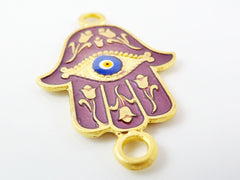 Mauve Hamsa Hand of Fatima Enamel Blue Evil Eye Connector - Floral - 22k Matte Gold Plated - 1PC