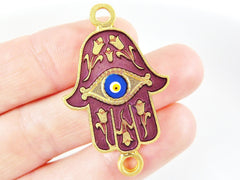 Mauve Hamsa Hand of Fatima Enamel Blue Evil Eye Connector - Floral - 22k Matte Gold Plated - 1PC