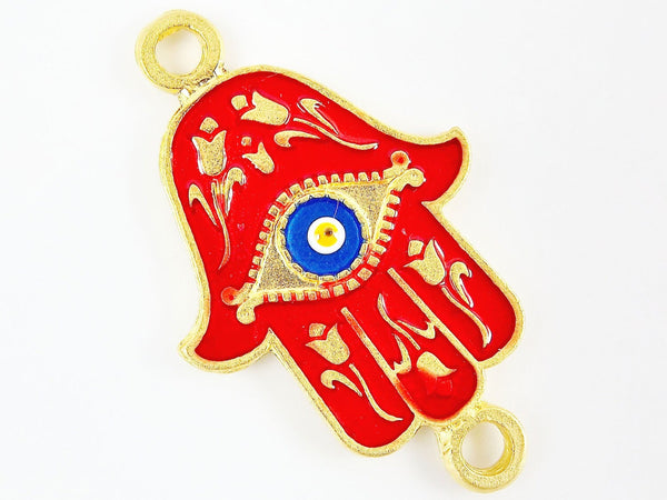 Red Hamsa Hand of Fatima Enamel Blue Evil Eye Connector - Floral - 22k Matte Gold Plated - 1PC