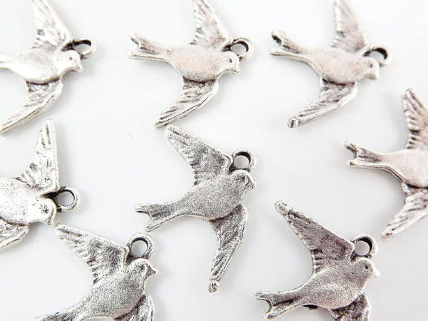 8 Flying Swallow Bird Charms - Matte Silver Plated