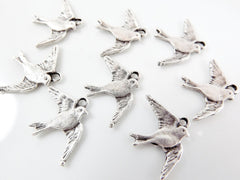 8 Flying Swallow Bird Charms - Matte Silver Plated