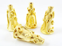 4 Large Swirl Tibetan Bali Style Cone Bead End Caps -  22k Matte Gold Plated Round Bead caps