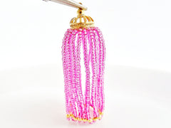 Long Candy Pink Beaded Tassel - 22k Matte Gold Plated Brass - 1PC