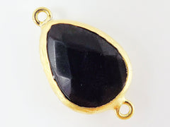 Black Teardrop Jade Connector  - 22k Matte Gold plated Bezel - 1pc