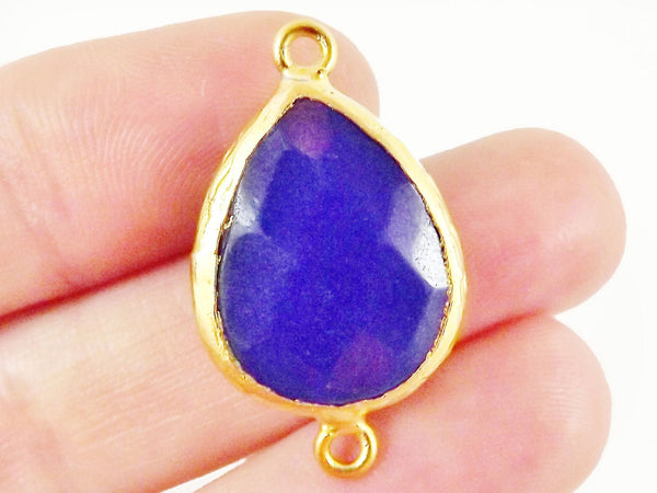 Navy Blue Teardrop Jade Connector  - 22k Matte Gold plated Bezel - 1pc