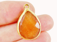 Apricot Orange Teardrop Jade Pendant  - 22k Matte Gold plated Bezel - 1pc