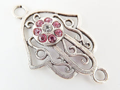 Hamsa Hand of Fatima Connector with Crystal Pink Eye - Matte Silver Plated