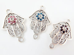 Hamsa Hand of Fatima Connector with Crystal Pink Eye - Matte Silver Plated