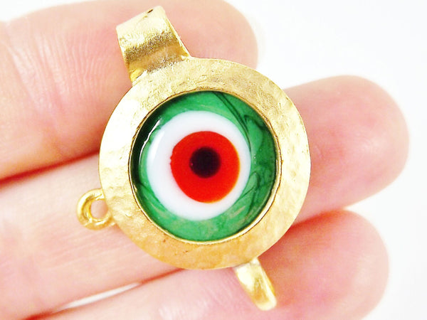 Green Evil Eye, Evil Eye Pendant, Green Glass Eye, Turkish Eye, Round Evil Eye, Greek Eye, Lucky, Protective, 22k Matte Gold Plated 1pc