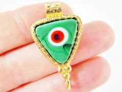 Green Evil Eye Triangular Glass Pendant - 22k Matte Gold Plated 1pc