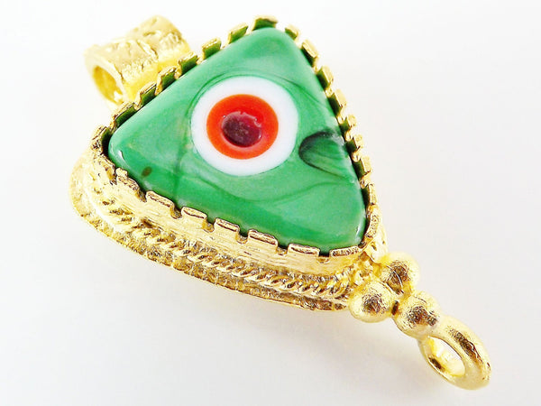 Green Evil Eye Triangular Glass Pendant - 22k Matte Gold Plated 1pc