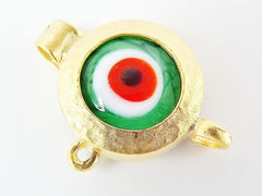 Green Evil Eye, Evil Eye Pendant, Green Glass Eye, Turkish Eye, Round Evil Eye, Greek Eye, Lucky, Protective, 22k Matte Gold Plated 1pc