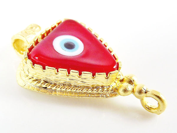 Red Evil Eye Triangular Glass Pendant - 22k Matte Gold Plated 1pc