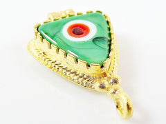 Green Evil Eye Triangular Glass Pendant - 22k Matte Gold Plated 1pc