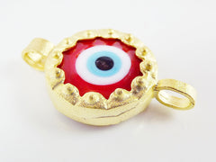 Red Blue Evil Eye Round Glass Connector Pendant - 22k Matte Gold Plated 1pc