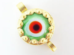 Pale Green Evil Eye Round Glass Connector Pendant - 22k Matte Gold Plated 1pc