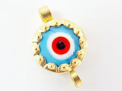 Sky Blue Evil Eye Round Glass Connector Pendant - 22k Matte Gold Plated 1pc